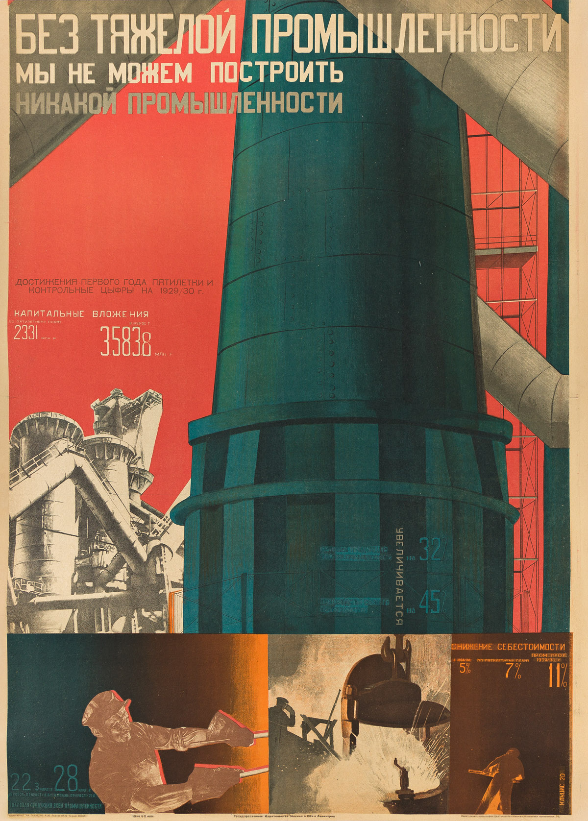 GUSTAV KLUTSIS (1895-1938).  [WITHOUT HEAVY INDUSTRY WE CANNOT BUILD ANY INDUSTRY]. 1930 41x29½ inches, 104x75 cm. State Publishing Hou